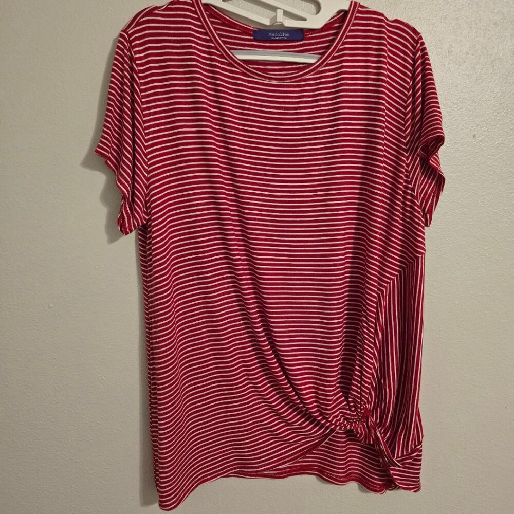 Madeline L Red & White Striped Knotted Tee / Top / Blouse with Bat wing Sleeves